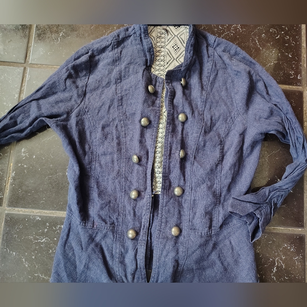 Vanity Navy Double-Breasted Open Jacket Linen Blend Size M 3/4 Sleeve
